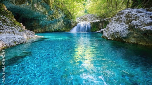 A tranquil river scene with vibrant blue water cascading over rocks, surrounded by lush greenery and a gentle waterfall in a serene natural setting. ©  AugmentArt