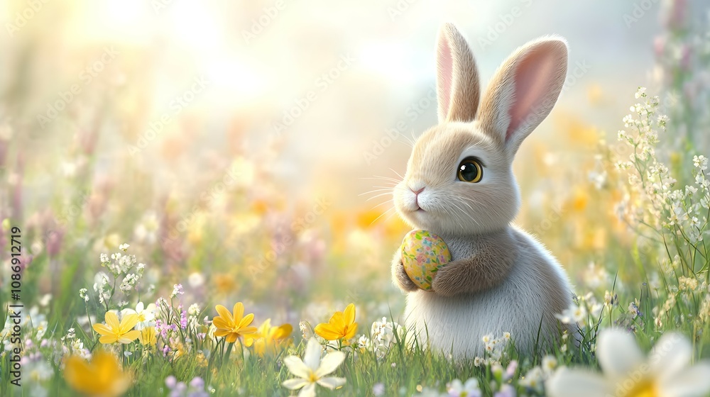 Fototapeta premium Cute Cartoon easter Bunny in a Spring meadow with Flowers