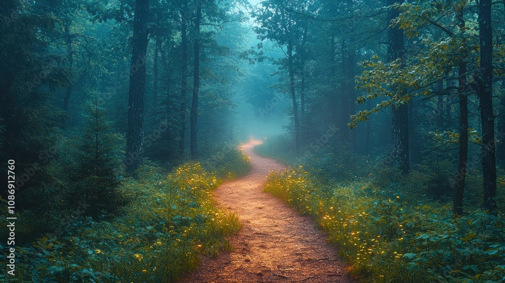 Fototapeta premium A misty forest trail surrounded by towering trees, with soft fog creating a mysterious and serene atmosphere. emphasizing the depth, texture, and ethereal light of this enchanting woodland scene.