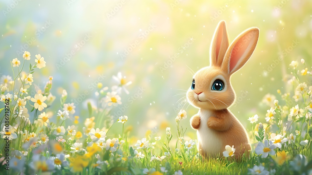Cute Cartoon easter Bunny in a Spring meadow with Flowers Cute Cartoon easter Bunny in a Spring meadow with Flowers