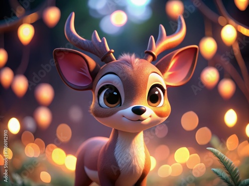 Adorable Cartoon Deer Character in Low Light Setting with Blurred Background, Perfect for Children's Illustrations and Animation Projects