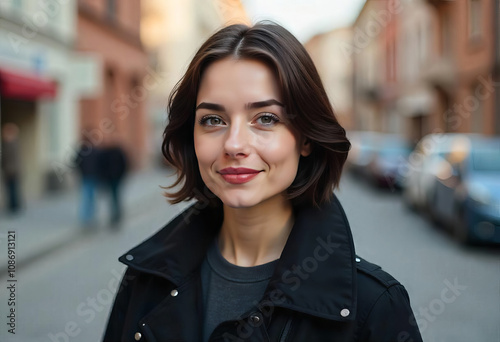 Portrait of a pretty woman with red lipstick in a black coat