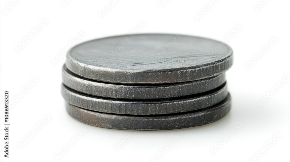Close-up of a small stack of metallic coins with distinct edges, resting on a clean white background, highlighting their texture and circular shape. Close-up of a small stack of metallic coins with distinct edges, resting on a clean white background, highlighting their texture and circular shape.