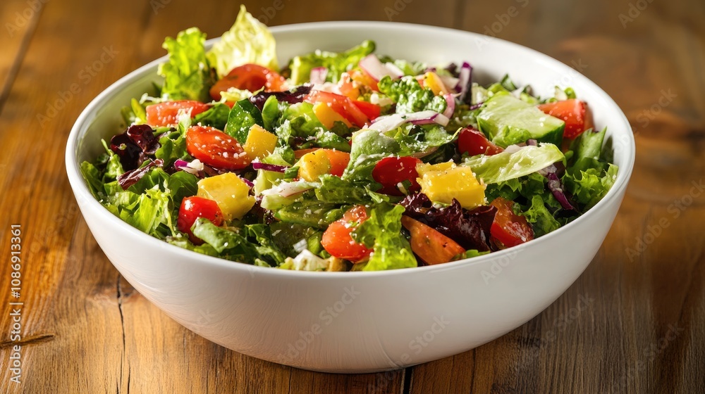 Bowl of vibrant vegetarian salad featuring mixed greens, cherry tomatoes, and colorful vegetables, elegantly presented on a rustic wooden table. Bowl of vibrant vegetarian salad featuring mixed greens, cherry tomatoes, and colorful vegetables, elegantly presented on a rustic wooden table.