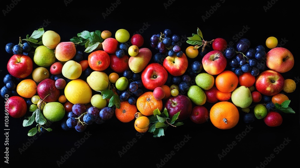 Obraz premium Vibrant assortment of various fruits including apples, oranges, lemons, and grapes arranged artfully on a dark backdrop, showcasing their rich colors and textures from an overhead perspective.