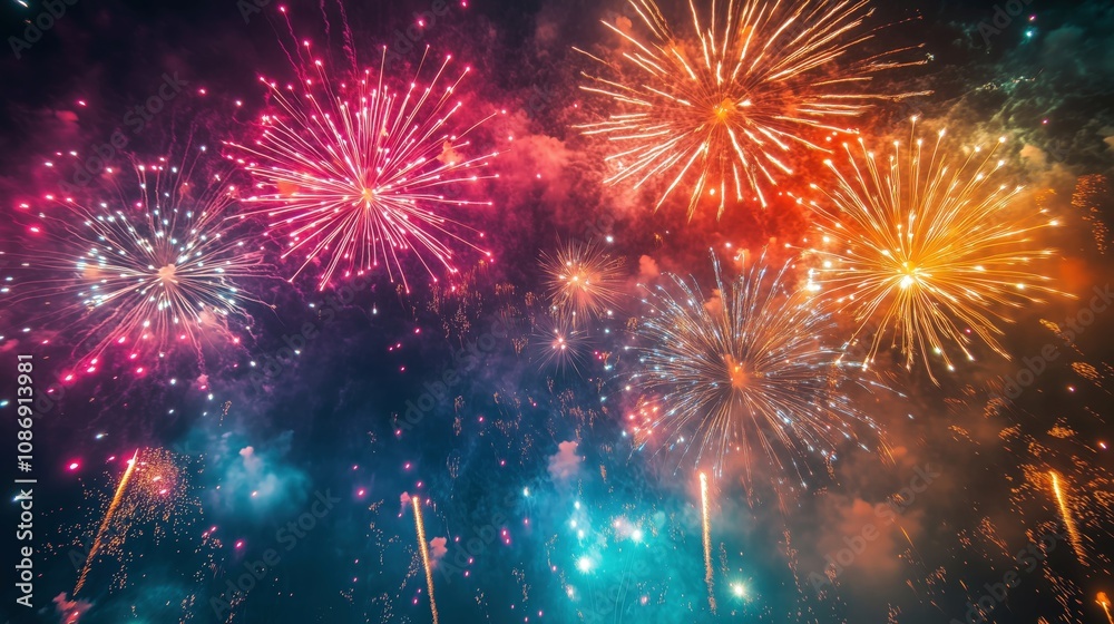 Fototapeta premium A vibrant display of fireworks illuminating the night sky over a Chinese temple during celebrations.