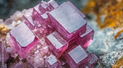 Macro view of vibrant purple lepidolite crystal clusters showcasing distinct cubic formations and shimmering facets against a natural backdrop.