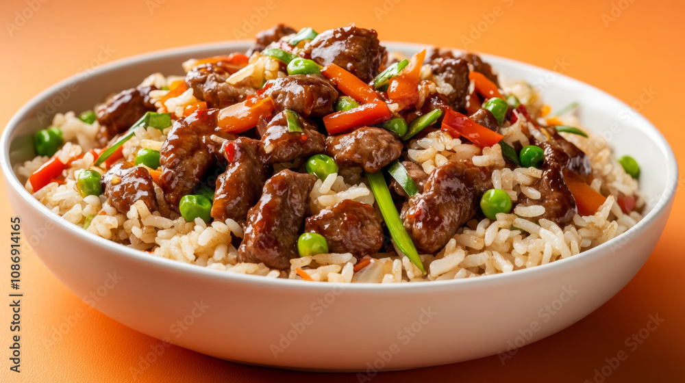 Delicious crispy beef stir-fry rice yummy grilled meat joy sauce vegetables fresh orange background. food photography advertising fashion restaurant cuisine gourmet wallpaper Delicious crispy beef stir-fry rice yummy grilled meat joy sauce vegetables fresh orange background. food photography advertising fashion restaurant cuisine gourmet wallpaper