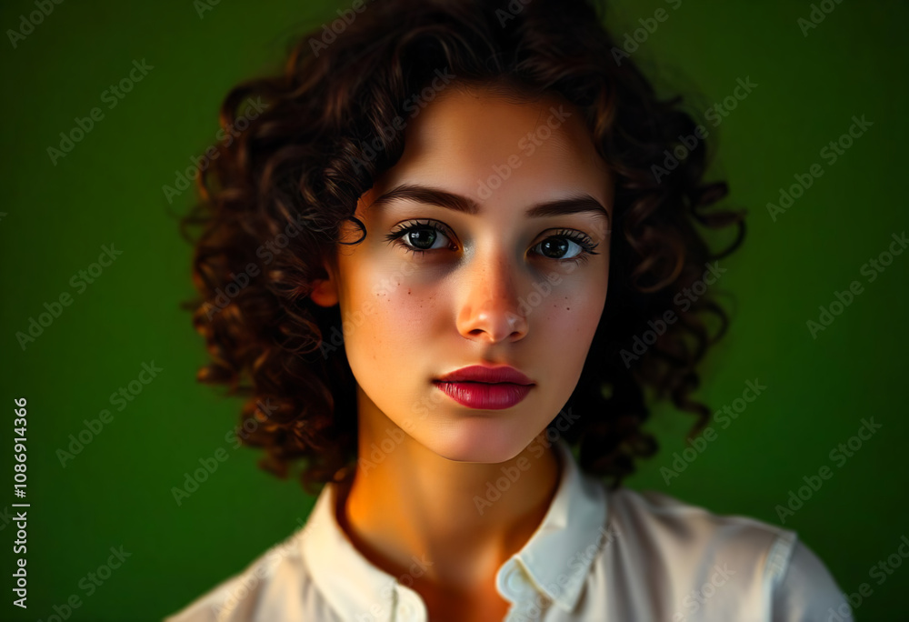 Fototapeta premium Portrait of a beautiful girl in white shirt and short curly hair