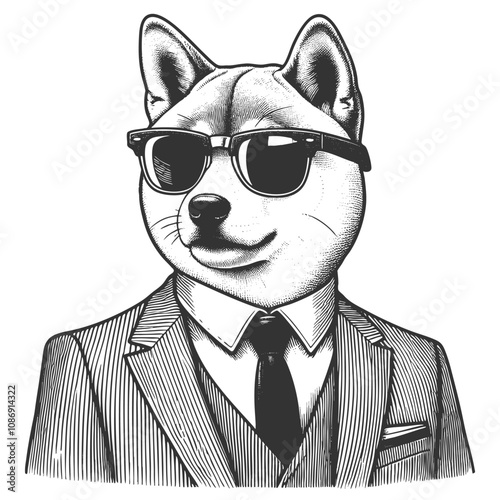 Shiba Inu dog businessman in sunglasses, stylish and confident personality with vintage flair sketch engraving generative ai vector illustration. Scratch board imitation. Black and white image.