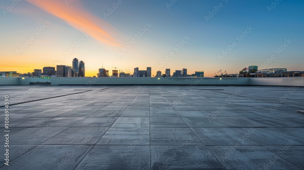 Empty square floor with city skyline background, Urban Oasis cityscape photography, midday lighting Empty square floor with city skyline background, Urban Oasis cityscape photography, midday lighting
