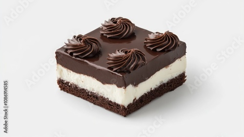 Square chocolate cake with velvety frosting, adorned with swirls, featuring a creamy white filling peeking through moist layers.