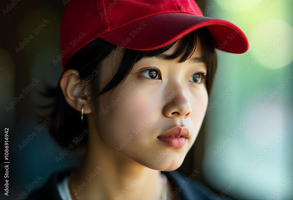 Serious young asian woman in red cap looking away Serious young asian woman in red cap looking away