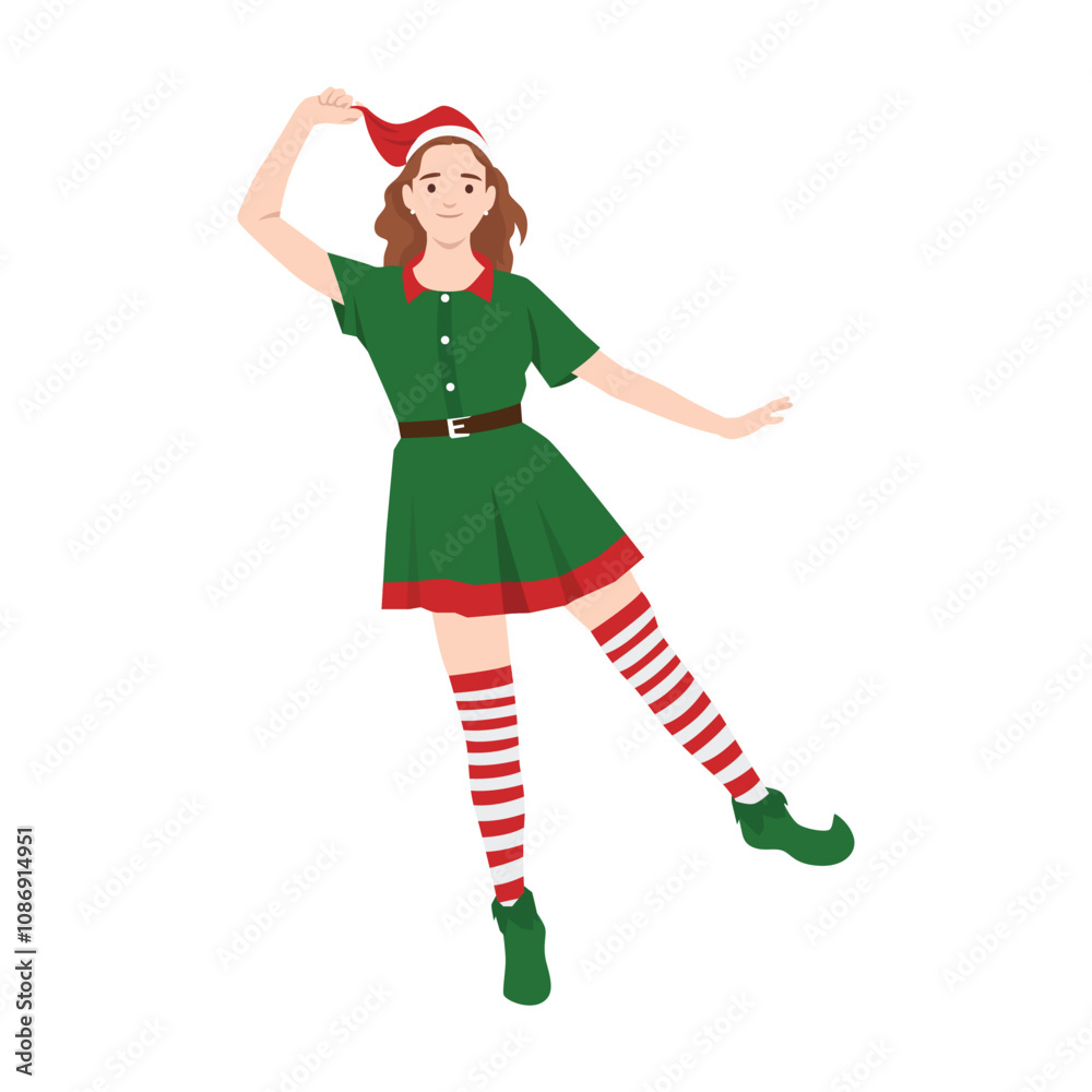 Young Beautiful woman in costume of Elf, Lady Santa Helper happy holding santa hat. Flat vector illustration isolated on white background Young Beautiful woman in costume of Elf, Lady Santa Helper happy holding santa hat. Flat vector illustration isolated on white background
