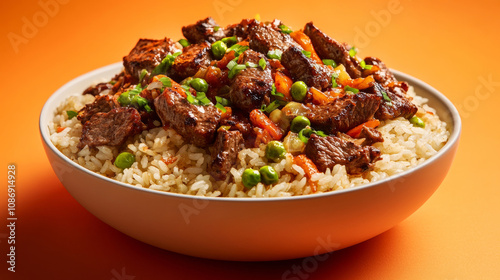 Delicious crispy beef stir-fry rice yummy grilled meat joy sauce vegetables fresh orange background. food photography advertising fashion restaurant cuisine gourmet wallpaper