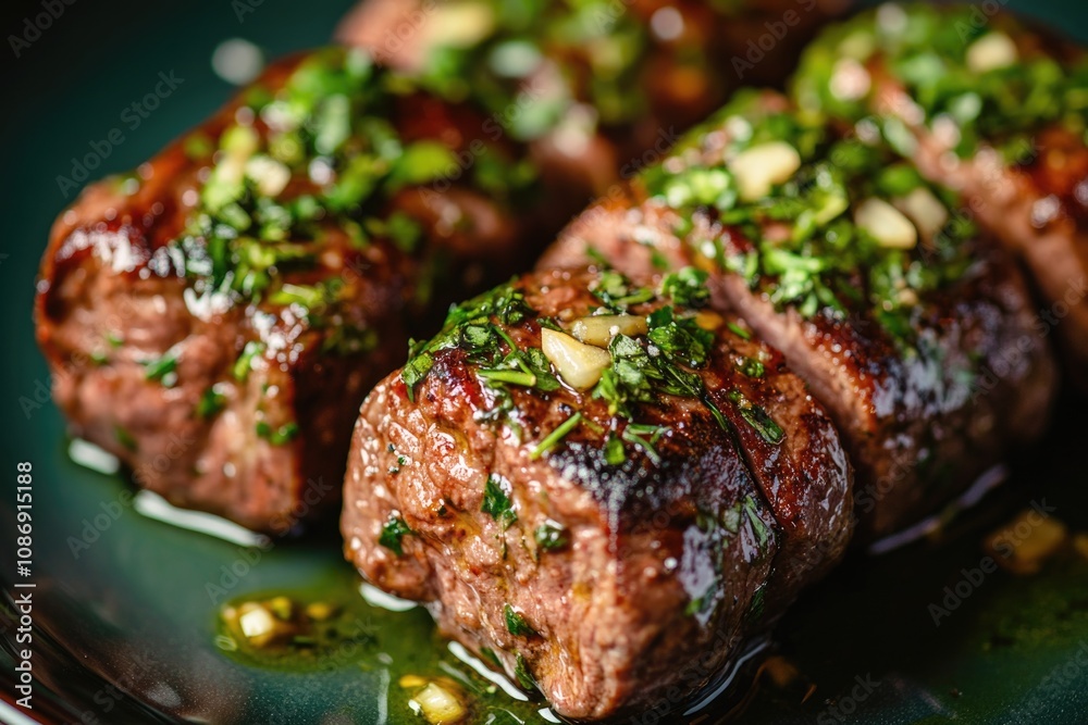 Beef rolls with garlic and herbs, close-up on the plate. Beef rolls with garlic and herbs, close-up on the plate.