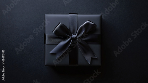 An elegant, minimalist black gift box with a satin ribbon, perfect for luxury branding, Black Friday promotions, or sophisticated gifting events.