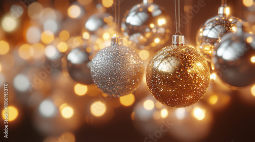 Wallpaper Mural Christmas Golden Ornaments with Glitter and Stars Torontodigital.ca