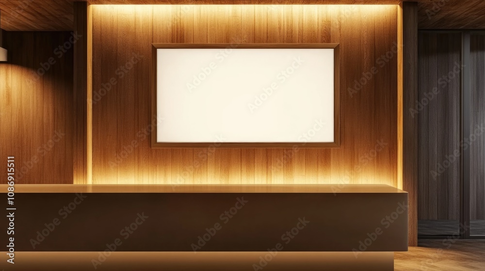Modern reception area featuring a blank picture frame mockup on a wooden wall, illuminated by warm lighting for a contemporary look. Modern reception area featuring a blank picture frame mockup on a wooden wall, illuminated by warm lighting for a contemporary look.