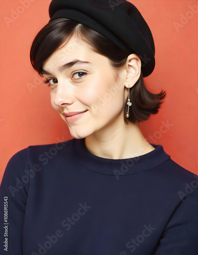 Portrait of a pretty girl with a bob haircut in a beret