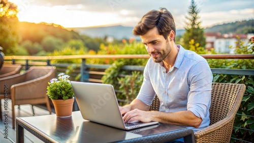 Young Man Working on Laptop Outdoors