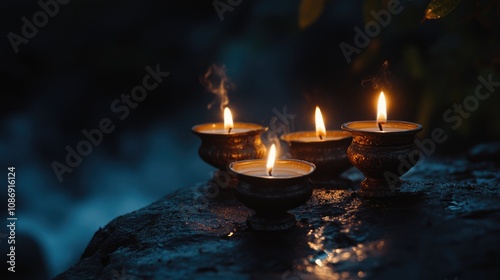 Illuminated oil lamps and flickering candles glowing against a dark backdrop, creating a serene atmosphere during a festival celebration.