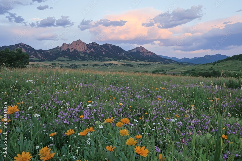 Vibrant Wildflowers Under a Mountain Sunset Vibrant Wildflowers Under a Mountain Sunset