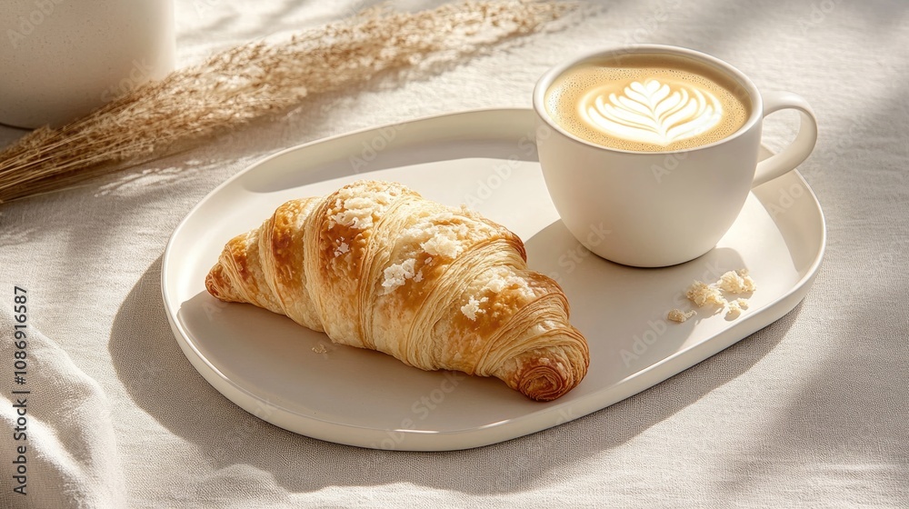 Crispy butter croissant served alongside a creamy cappuccino featuring latte art, on a minimalist white plate, bathed in soft natural light.