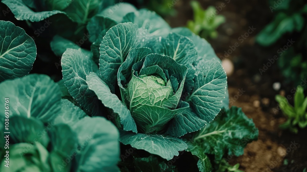 Obraz premium Close-up view of vibrant green cabbage leaves flourishing in a garden, emphasizing organic farming practices and fresh, healthy produce.