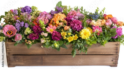 Vivid assortment of spring flowers featuring a colorful mix of blooms like peonies, dahlias, and violets elegantly arranged in a rustic wooden crate for a charming display. photo