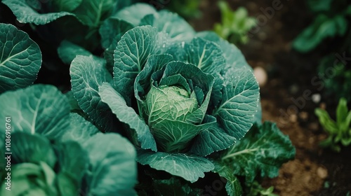 Wallpaper Mural Close-up view of vibrant green cabbage leaves flourishing in a garden, emphasizing organic farming practices and fresh, healthy produce. Torontodigital.ca
