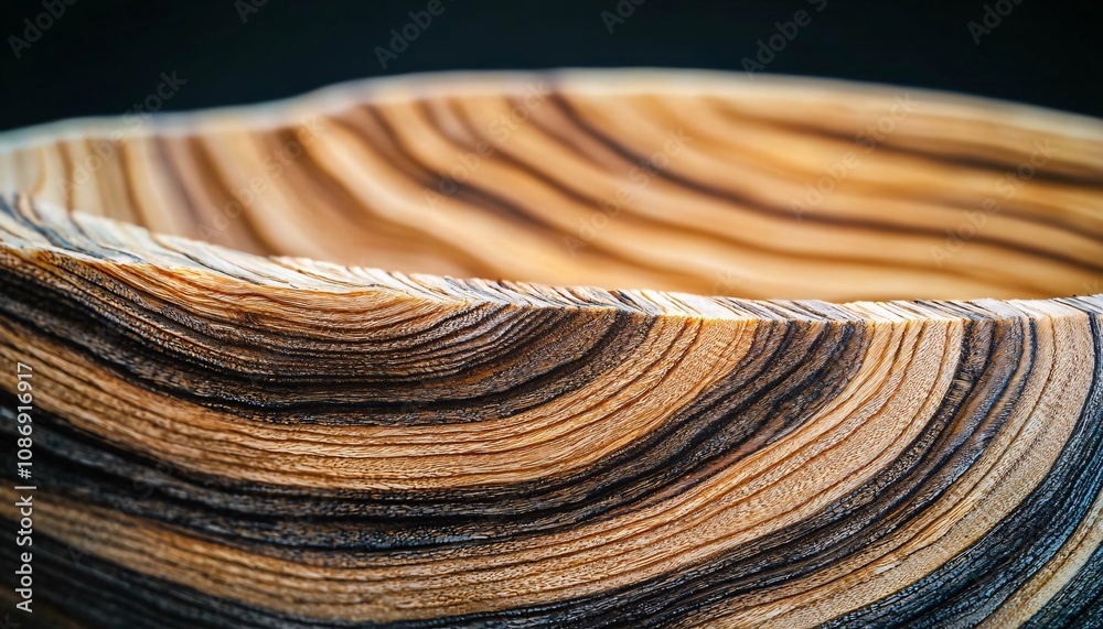 A beautifully crafted wooden bowl showcasing intricate layered patterns and textures in warm hues. A beautifully crafted wooden bowl showcasing intricate layered patterns and textures in warm hues.
