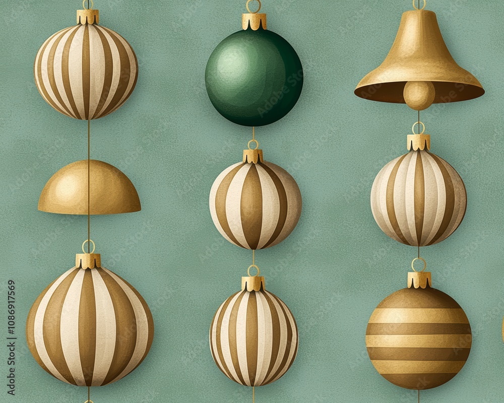 Antique Christmas Ornaments, Classic ornaments like bells and baubles in metallic tones, arranged in a scattered pattern on faded green paper. Antique Christmas Ornaments, Classic ornaments like bells and baubles in metallic tones, arranged in a scattered pattern on faded green paper.