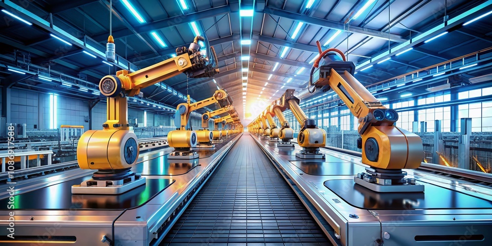 Advanced Robot Vacuum Systems and Conveyor Belt in a Smart Phone Factory, Illustrating Industry 4.0 Innovations in Manufacturing Technology and Automation Solutions Advanced Robot Vacuum Systems and Conveyor Belt in a Smart Phone Factory, Illustrating Industry 4.0 Innovations in Manufacturing Technology and Automation Solutions