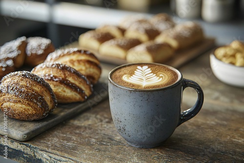 A cozy setting featuring a cup of latte art beside fresh pastries, perfect for breakfast or a coffee break. photo