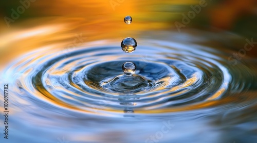 Close-up of shimmering water droplets on a tranquil reflective surface, showcasing the delicate interplay of light and serene natural beauty.