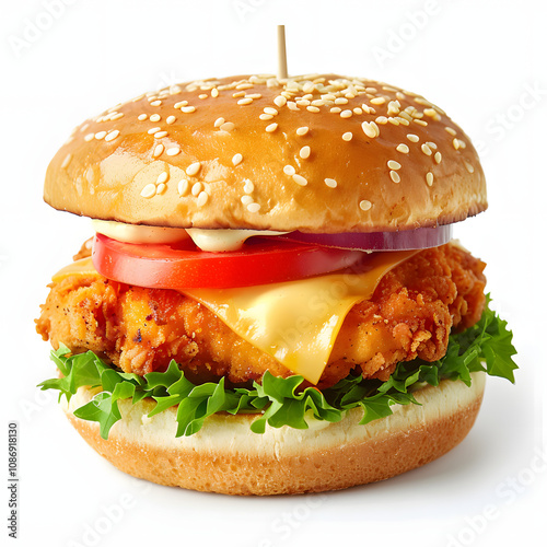 juicy chicken burger featuring a crispy fried fillet topped with tomato and cheese. with copy space image. place for adding text or design highlighted by white, space for captions, png photo