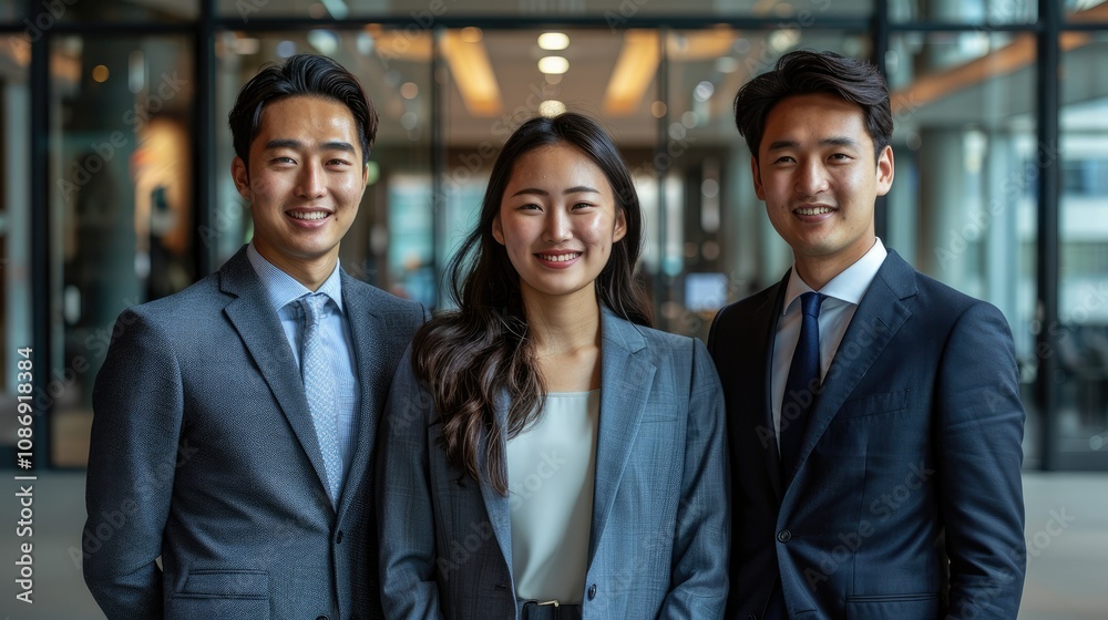 A diverse team of three business professionals smiling for the camera, standing in a modern office building. A diverse team of three business professionals smiling for the camera, standing in a modern office building.
