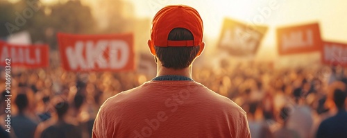A passionate individual stands before a crowd, embodying the spirit of protest and social change under a sunset. photo