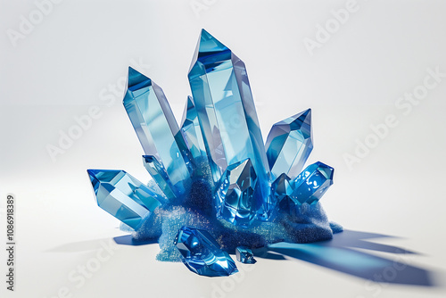 A vibrant blue crystal on a clean white background, casting sharp shadows.