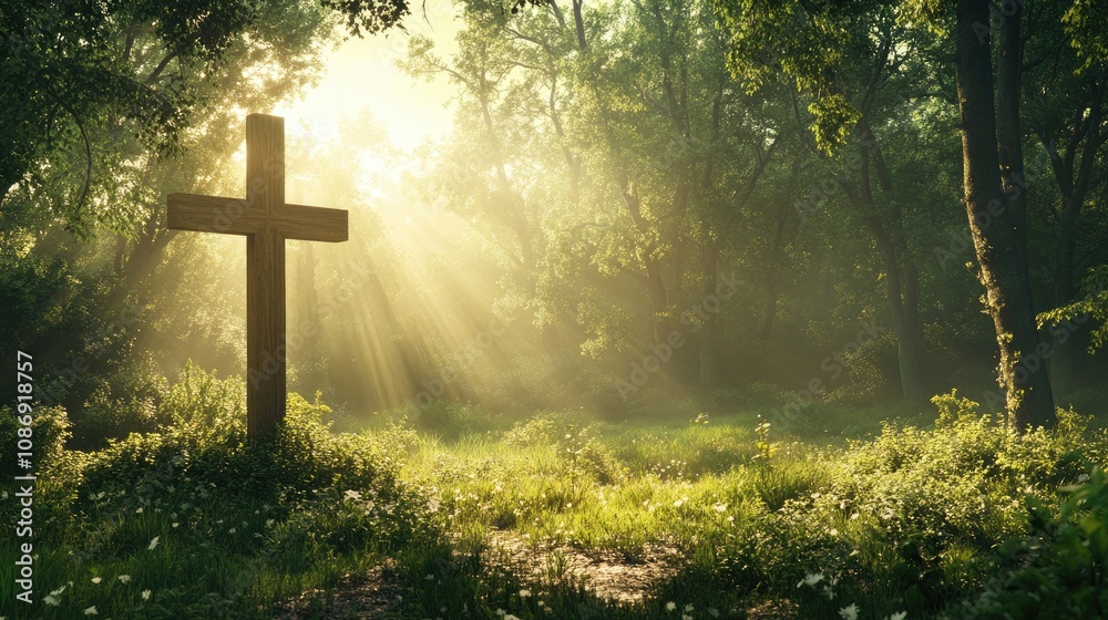 Wooden cross illuminated by sun rays in a tranquil forest, surrounded by lush greenery and soft light creating a serene and peaceful atmosphere.