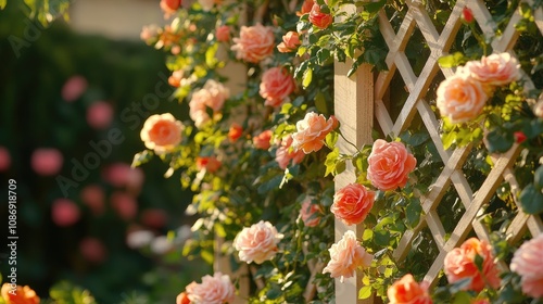 Charming lattice fence adorned with vibrant blooming roses, creating an elegant and colorful garden backdrop.