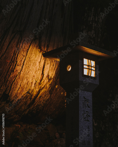 A lantern lighting the serene path through the ancient Okunoin Cemetery in Koyasan. photo