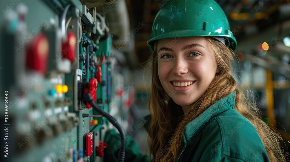 A female engineer wearing a hard hat smiles while standing in front of an industrial control panel. A female engineer wearing a hard hat smiles while standing in front of an industrial control panel.