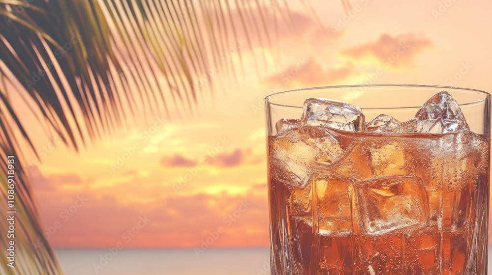 Chilled soda served in a glass filled with clear ice cubes, set against a vibrant summer sunset with palm leaves in the background. Chilled soda served in a glass filled with clear ice cubes, set against a vibrant summer sunset with palm leaves in the background.