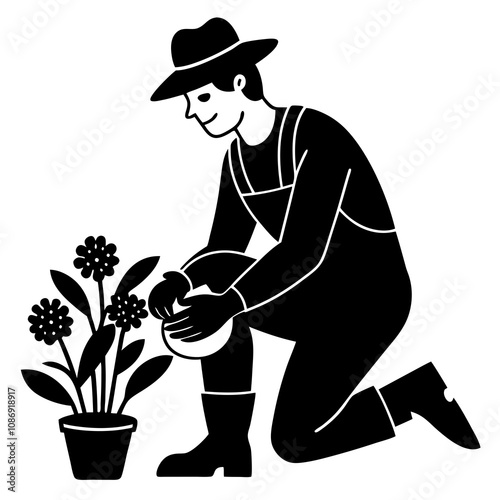 Flower Planting Gardener Vector.