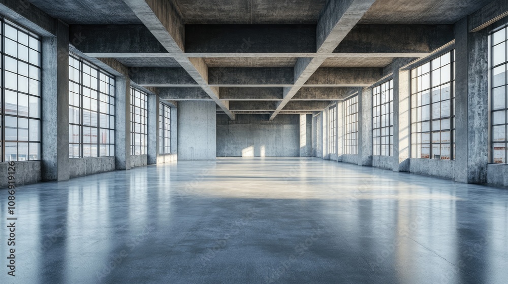 Stylish 3D rendering of a spacious modern abstract architecture interior featuring an open concrete floor and large industrial-style windows illuminating the area. Stylish 3D rendering of a spacious modern abstract architecture interior featuring an open concrete floor and large industrial-style windows illuminating the area.