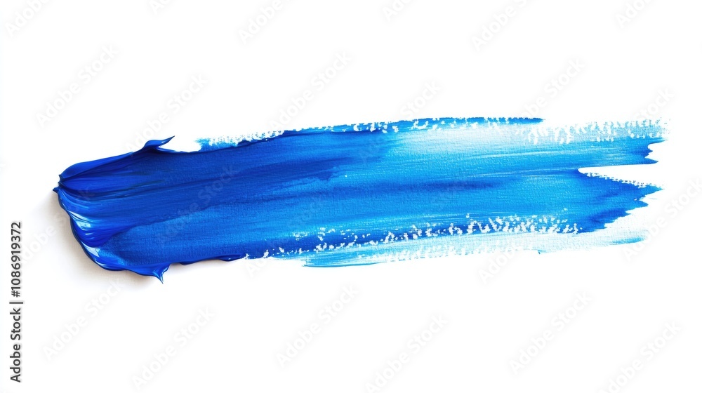 Fototapeta premium Blue roller brush displaying hand-painted strokes on a bright white background, showcasing vibrant blending and artistic texture.