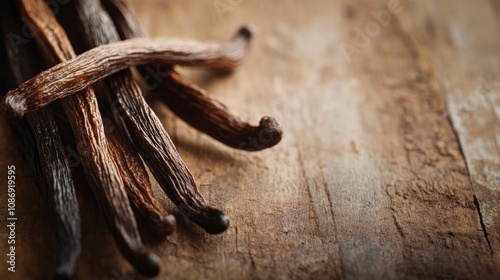 Artisanal vanilla beans arranged on a rustic wooden surface, emphasizing the rich textures and deep colors of homemade vanilla extract.