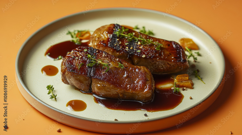 Delicious French Foie Gras yummy grilled meat fresh orange elegant background. food photography advertising fashion restaurant cuisine gourmet wallpaper Delicious French Foie Gras yummy grilled meat fresh orange elegant background. food photography advertising fashion restaurant cuisine gourmet wallpaper